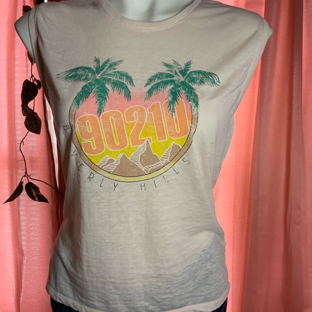 90210 Beverly Hills Graphic Tee - Cream with Green & Yellow Print